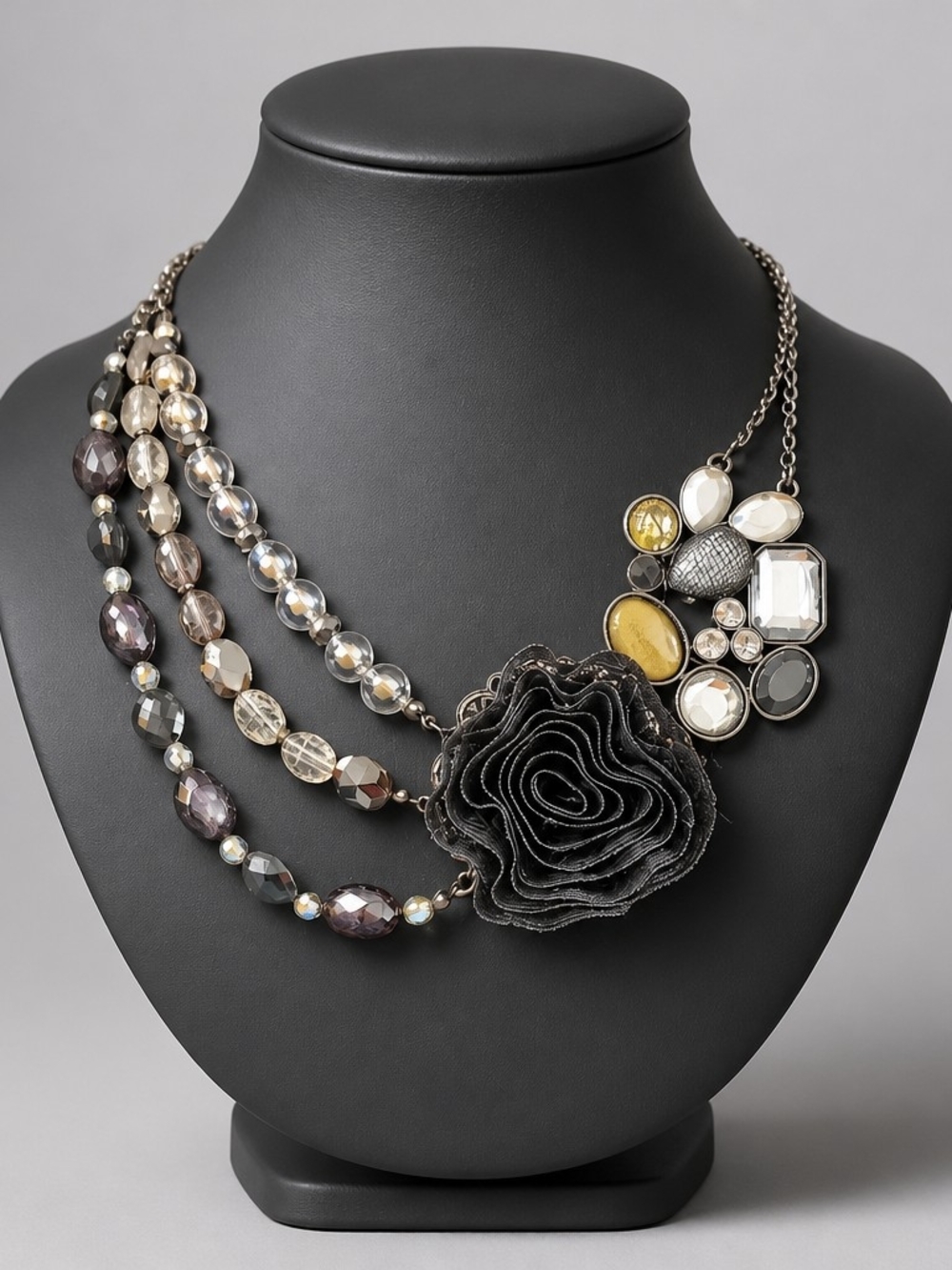 Statement Floral Accent Multi-Strand Necklace in Black and Metallic